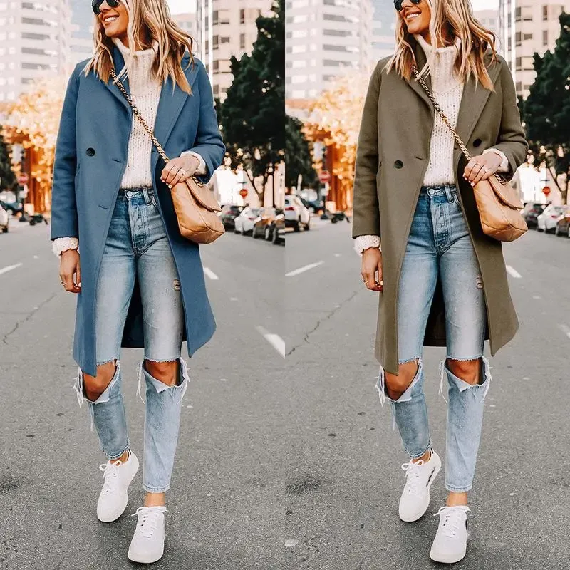 Women's Winter Notch Lapel Double Breasted Wool Blend Mid Long Pea Trench Coat