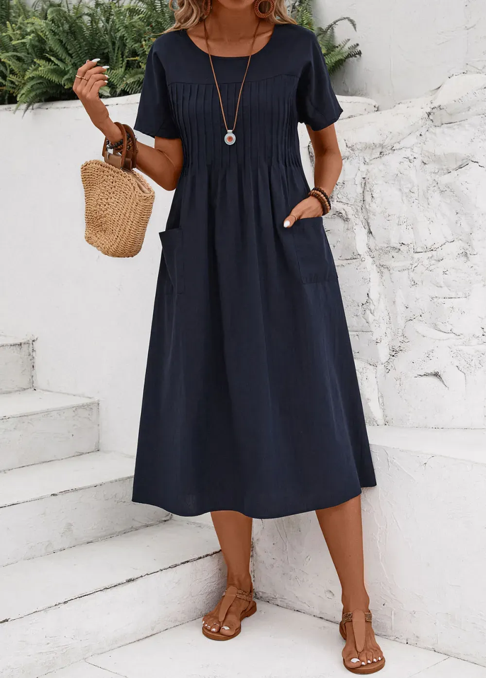 Navy Tuck Stitch Short Sleeve Round Neck Dress