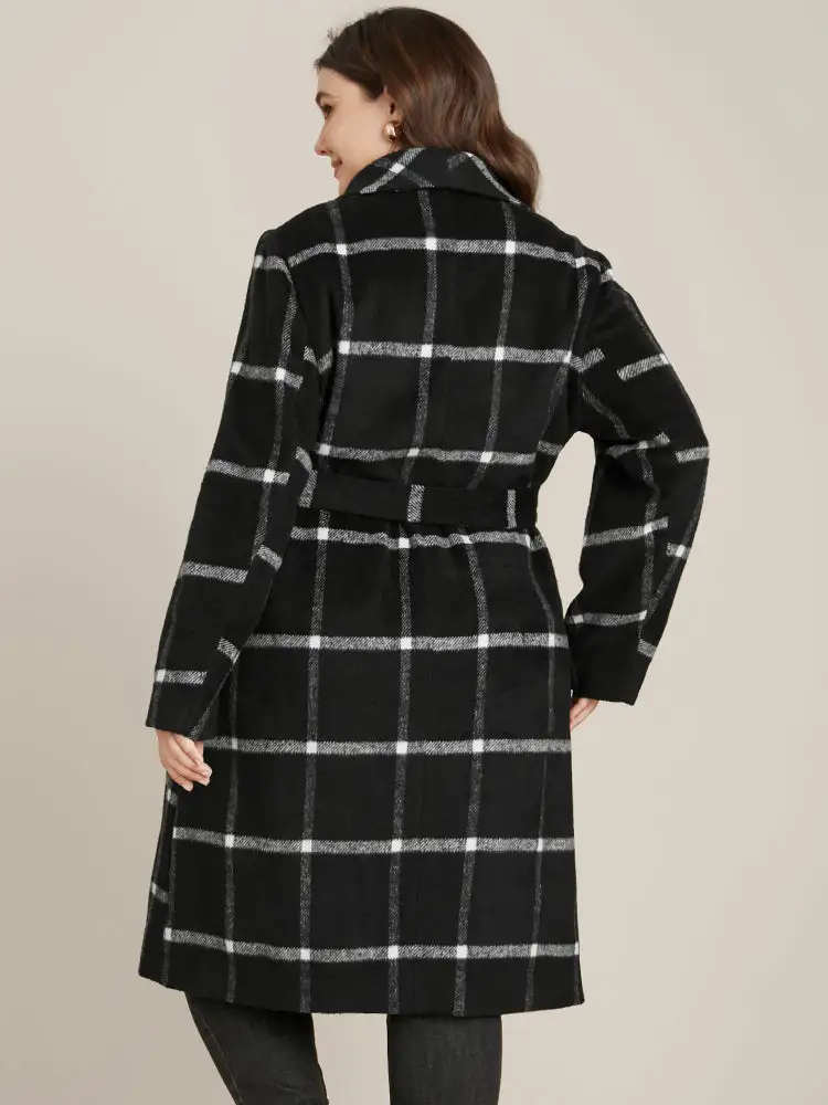 Plaid Lapel Collar Belted Pocket Coat