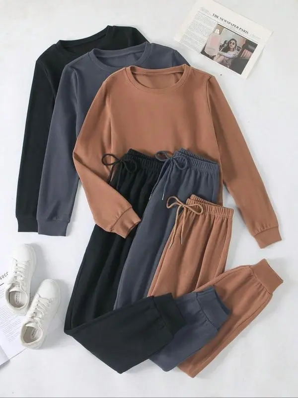 Women's lounge/pajama set: solid long-sleeve round-neck tee + tie-front elastic-waist pants, casual and comfy