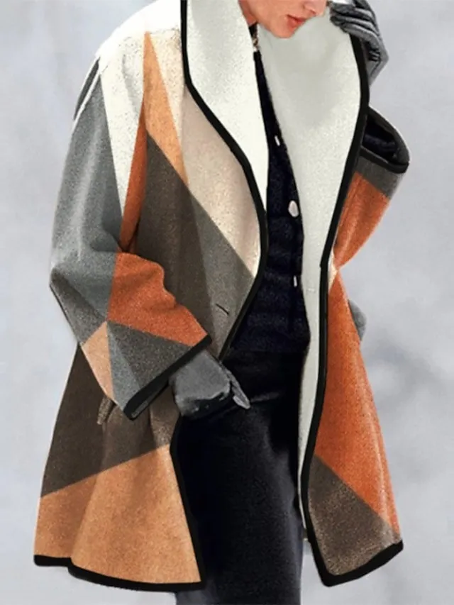 Women's Winter Coat Long Overcoat Geometric Print Pea Coat Fall Mid Length Trench Coat Windproof Warm Single Breasted Lapel Jacket