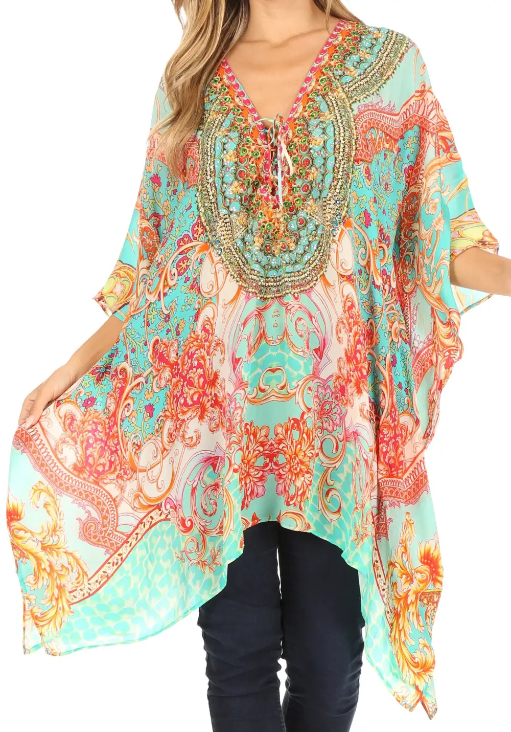 Women's Caftan Poncho Cover up V neck Top Lace up With Rhinestone