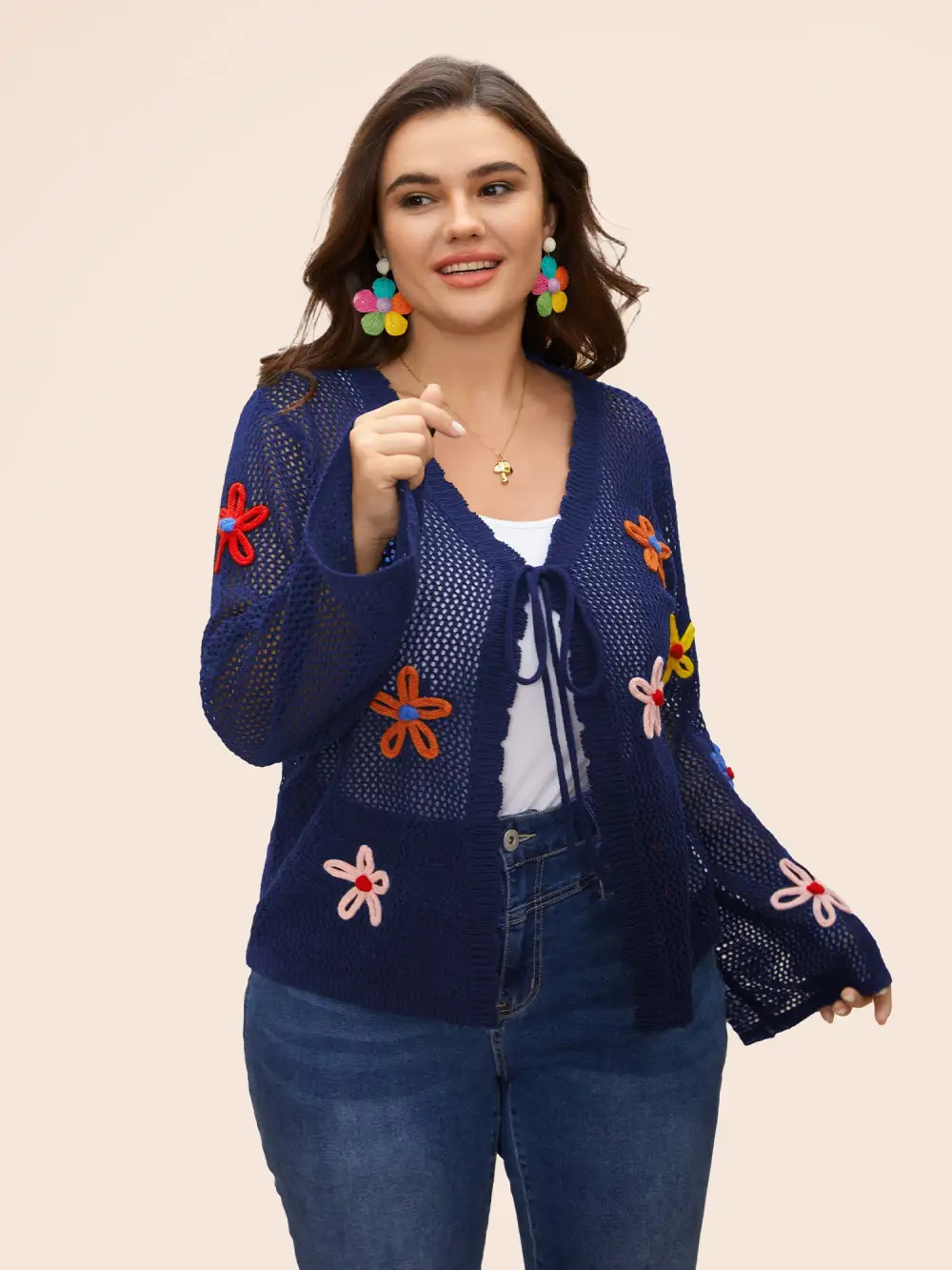 Knit Floral Front Tie Cardigan