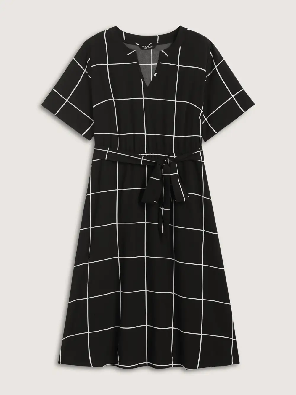 Checkered Print Belted Pockets Midi Dress