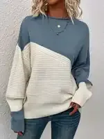 Womens Elegant Color Block Funnel Neck Pullover Sweater - Soft High Elasticity Acrylic Knit Fabric, Long Sleeve Drop Shoulder Design, Easy Care Hand Wash or Dry Clean, Perfect for Fall and Winter