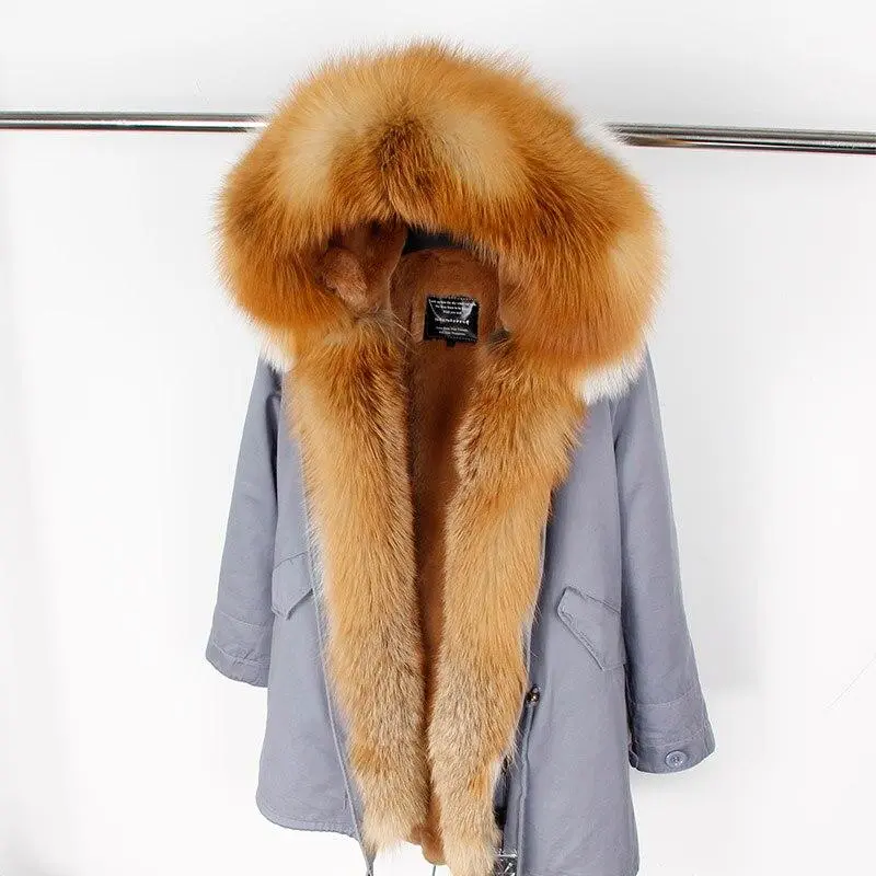 Women's Parka Natural Fox Fur Long Coat Artificial Fur Lining Fur