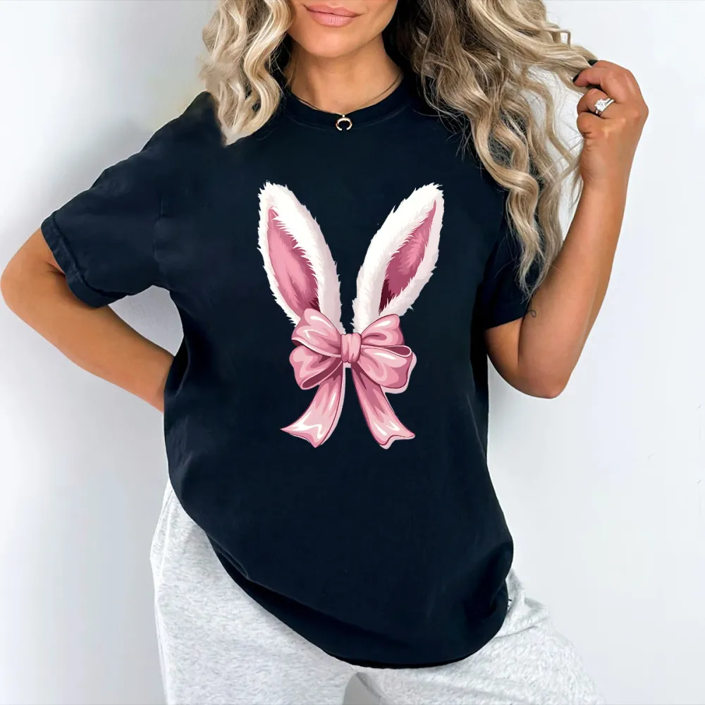 T-shirt Pink Bow Bunny Ears Women Printed Round Neck Short Sleeve