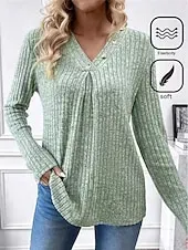 Women's T Shirt Plain Fashion Modern Casual Long Sleeve V Neck Regular Tops Daily Weekend Buttons Red Green Fall Winter