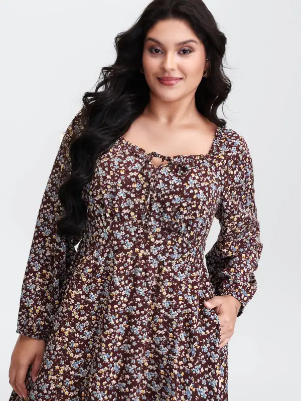 Floral Print Pockets Neckline Tie Maxi Dress