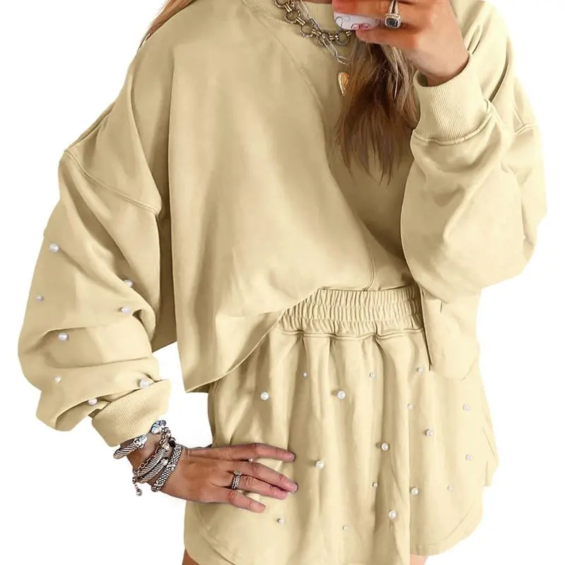 Women's Pearl-Decor Long Sleeve Sweatshirt & Loose Mini Skort 2-Piece Casual Fall Set.