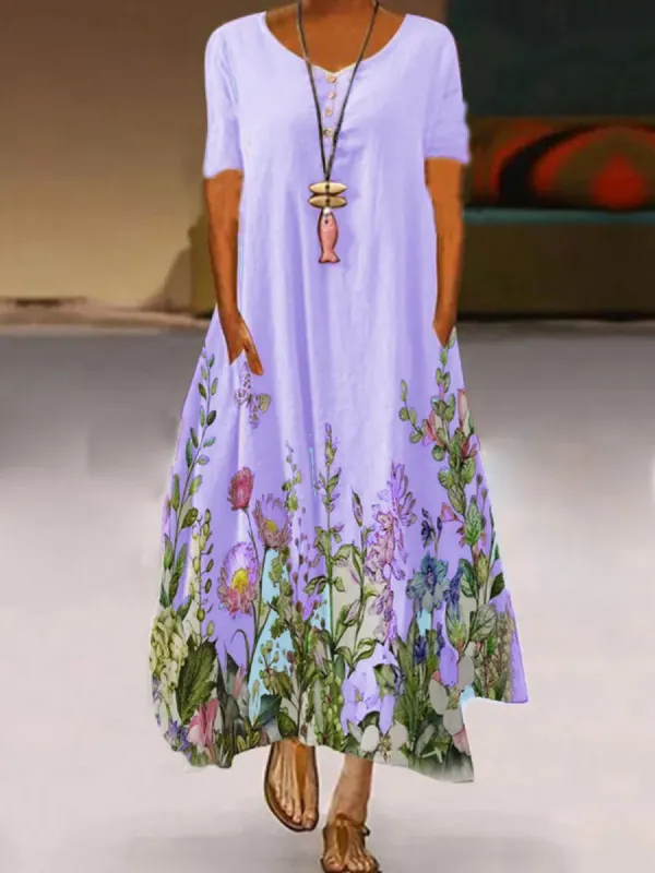 Ladies White Round Neck Floral Print Fashion Maxi Dress