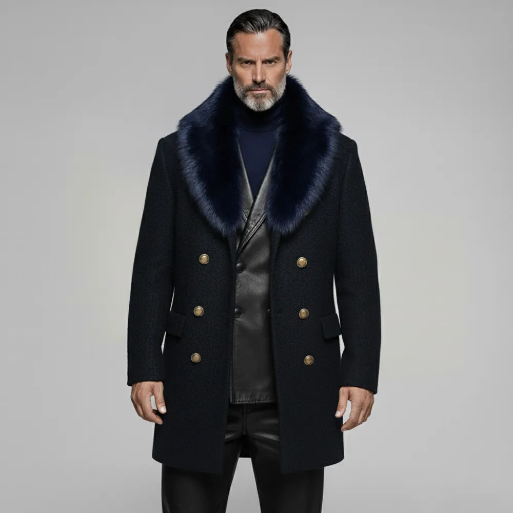 Men's Business Black Furry Collar Long Sleeve Double Breasted Mid-Length Overcoat