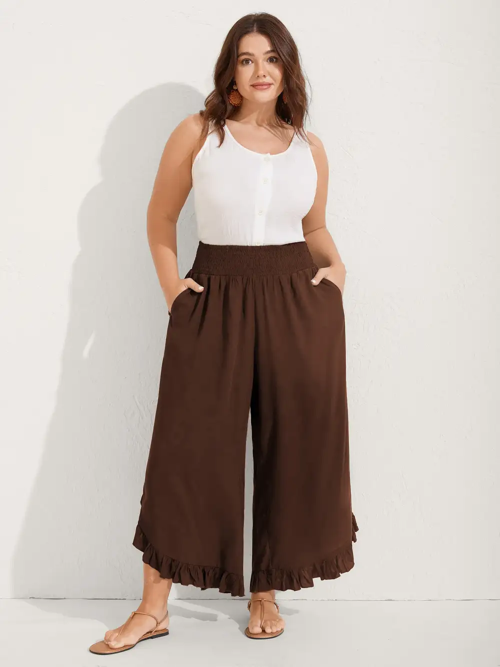 Ruffled Curvy Hem Wide-Leg Pants