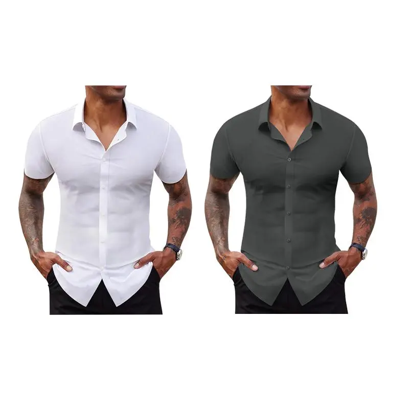 Stretch Dress Shirts for Men Short Sleeve Slim Fit Casual Button Down Shirts Muscle Fit Men's Dress Shirts