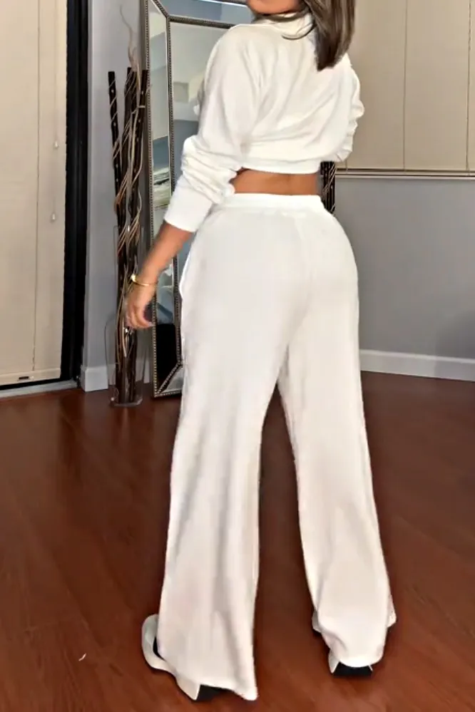 Women's solid color zipper V-neck top and pants two-piece set