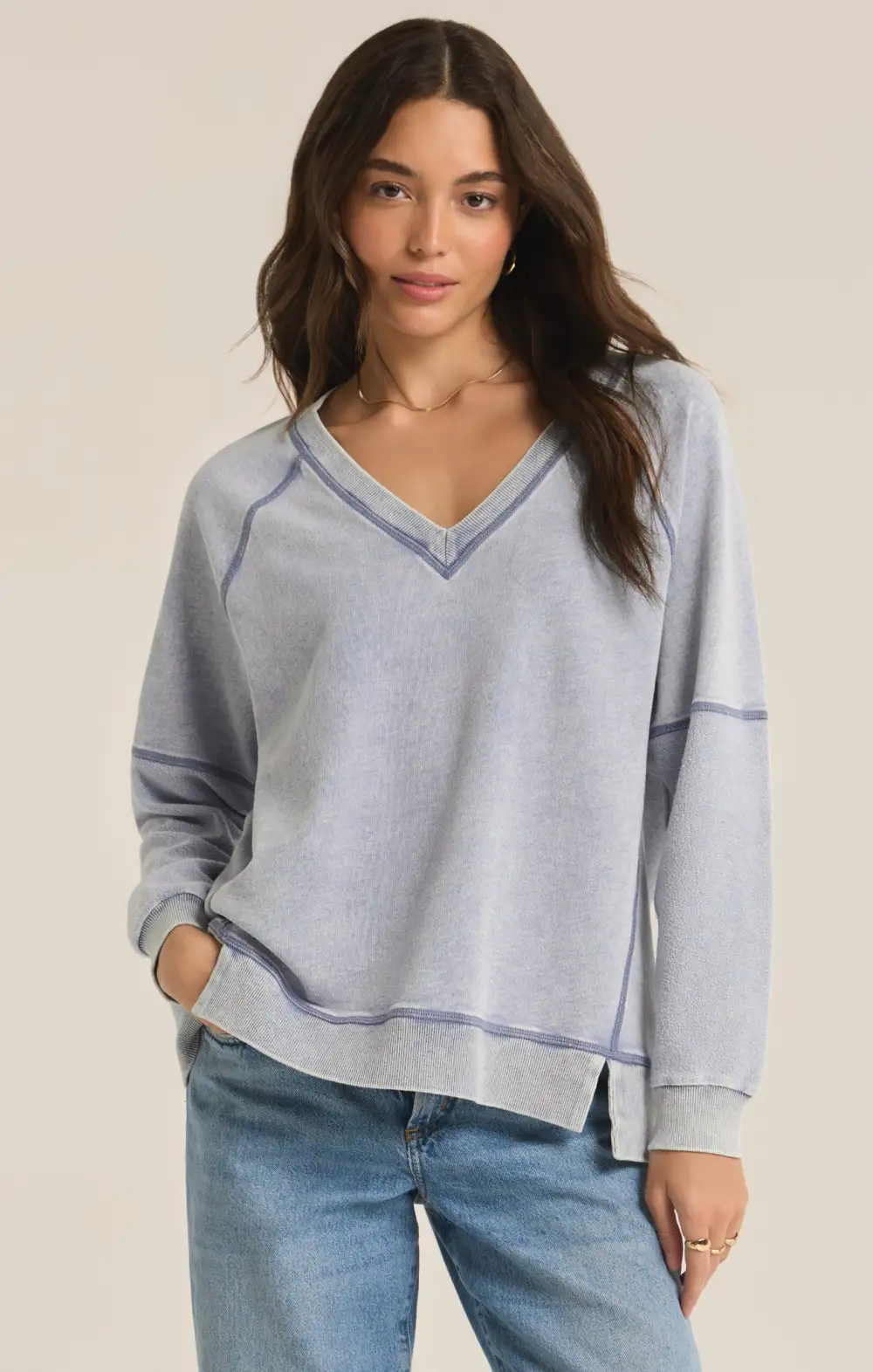 Easy V-Neck Knit Denim Sweatshirt