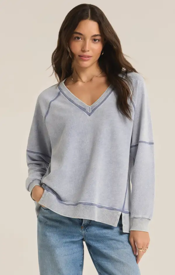 Easy V-Neck Knit Denim Sweatshirt