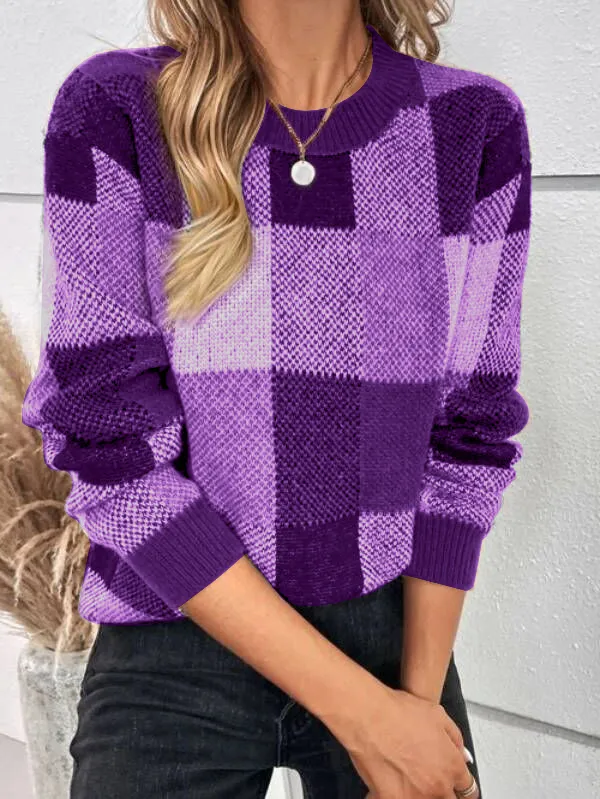 Casual Cotton Plaid Pattern Drop Shoulder Sweater