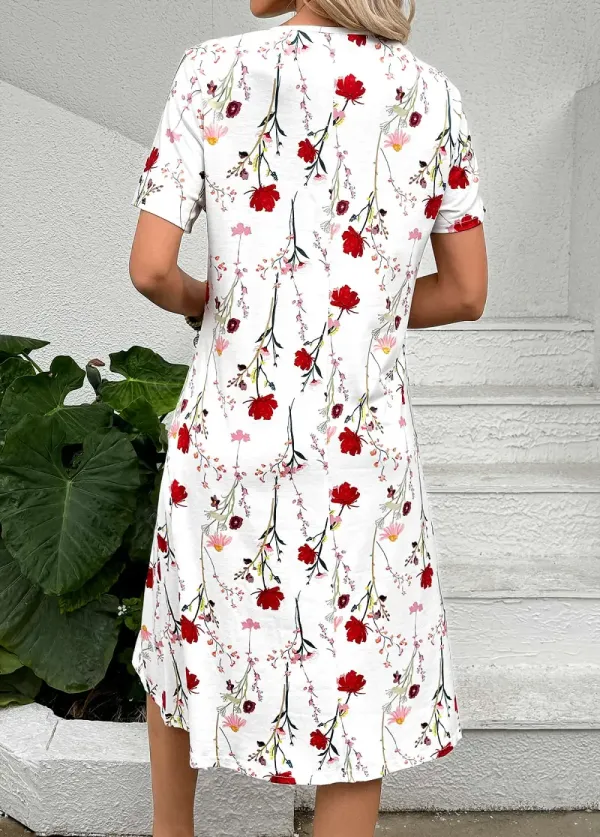 White Tuck Stitch Floral Print A Line Dress