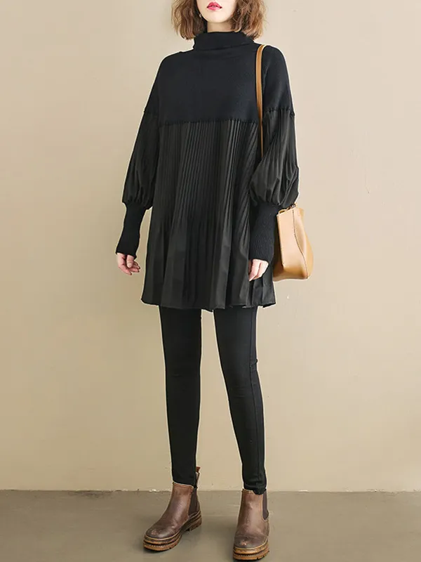 Knitting Pleats Split-Joint High-Neck Pullover Top