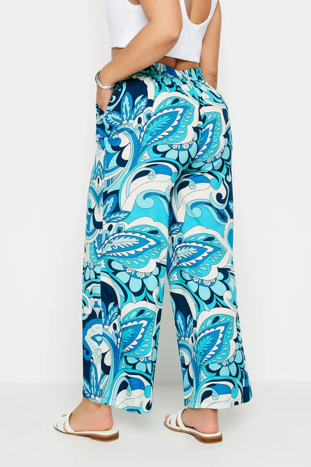 YOURS Curve Blue Abstract Print Drawstring Wide Leg Trousers