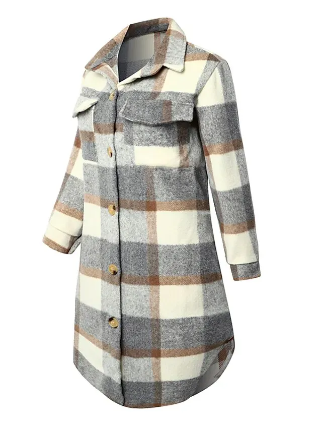 Women's Wool Blend Coat Winter Plaid Shacket Jacket Fall Long Pea Coat with Pockets Single Breasted Over Coat Trench Coat Gray Khaki Brown Modern Street S M L XL XXL / Winter