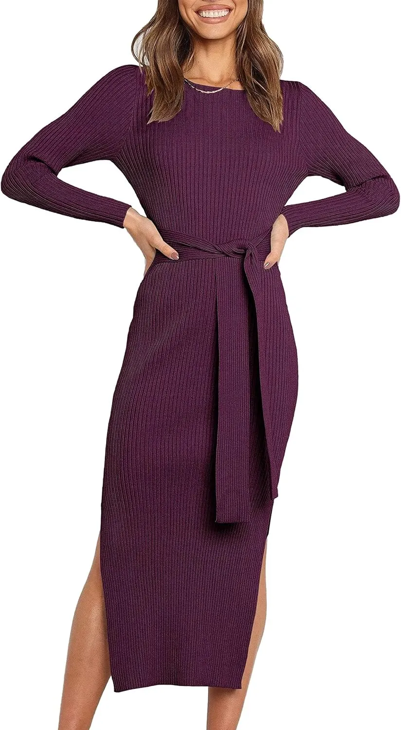 Long Sleeve Sweater Dress Crew Neck Slim Fit Slit Tie Waist 2024 Ribbed Knit Bodycon Midi Dress Fall Outfits