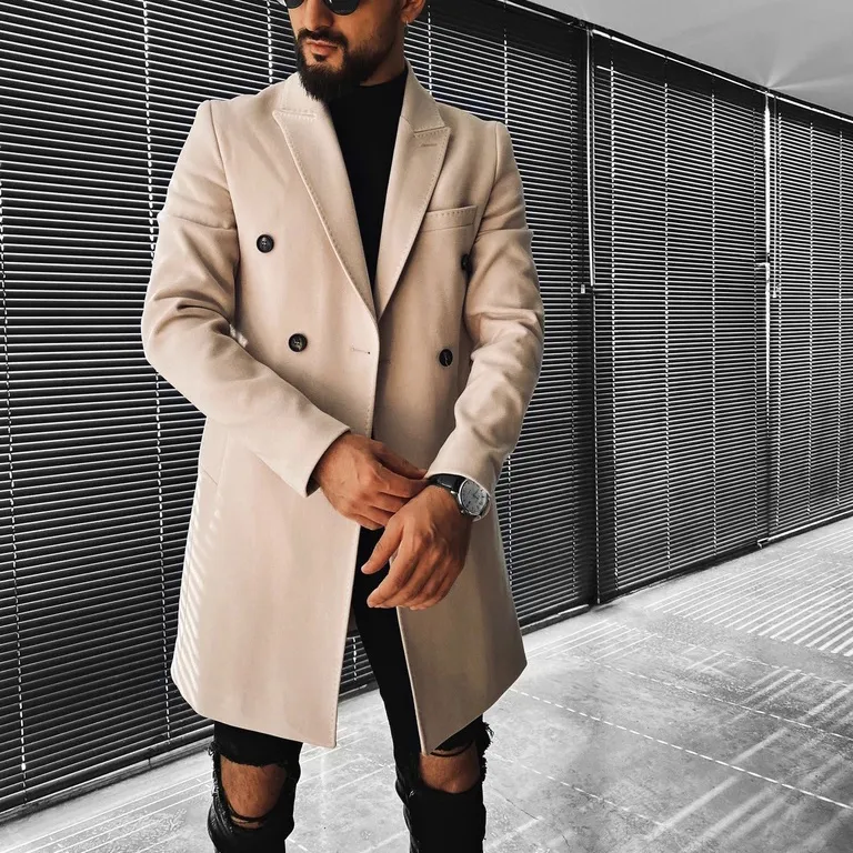 Men's Fashion Solid Color Belted Button Coat Coat