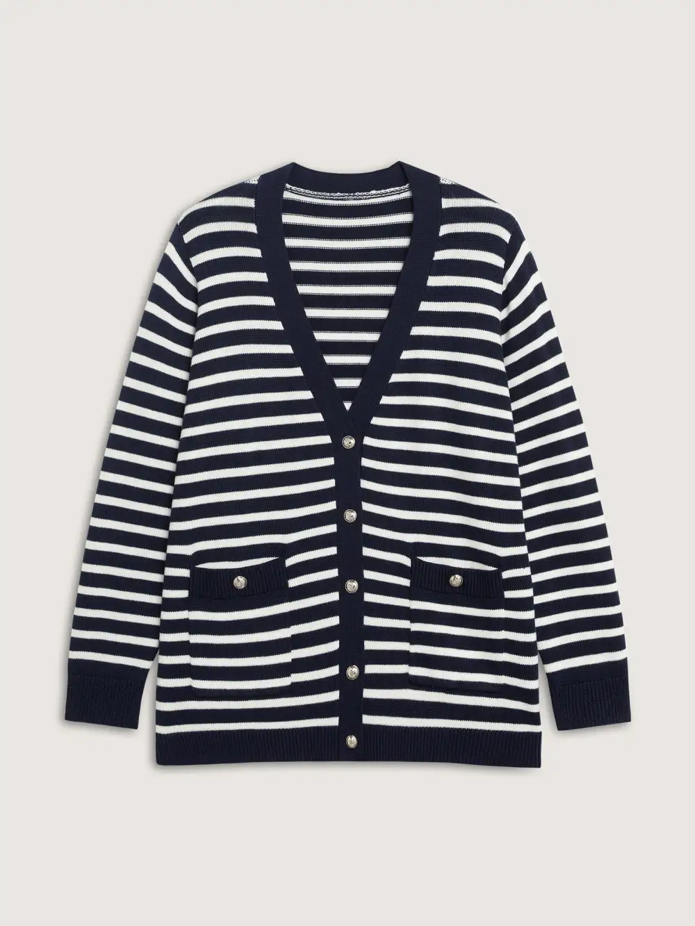 Wool-Blend Stripe Button Pockets Knit Cardigan