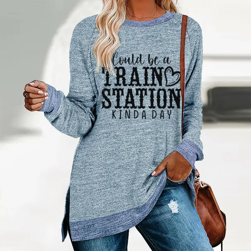 Womens Crewneck Sweatshirts Pullovers Color Block Long Sleeve Sweatershirt Tunic Tops, Dark Grey, Large