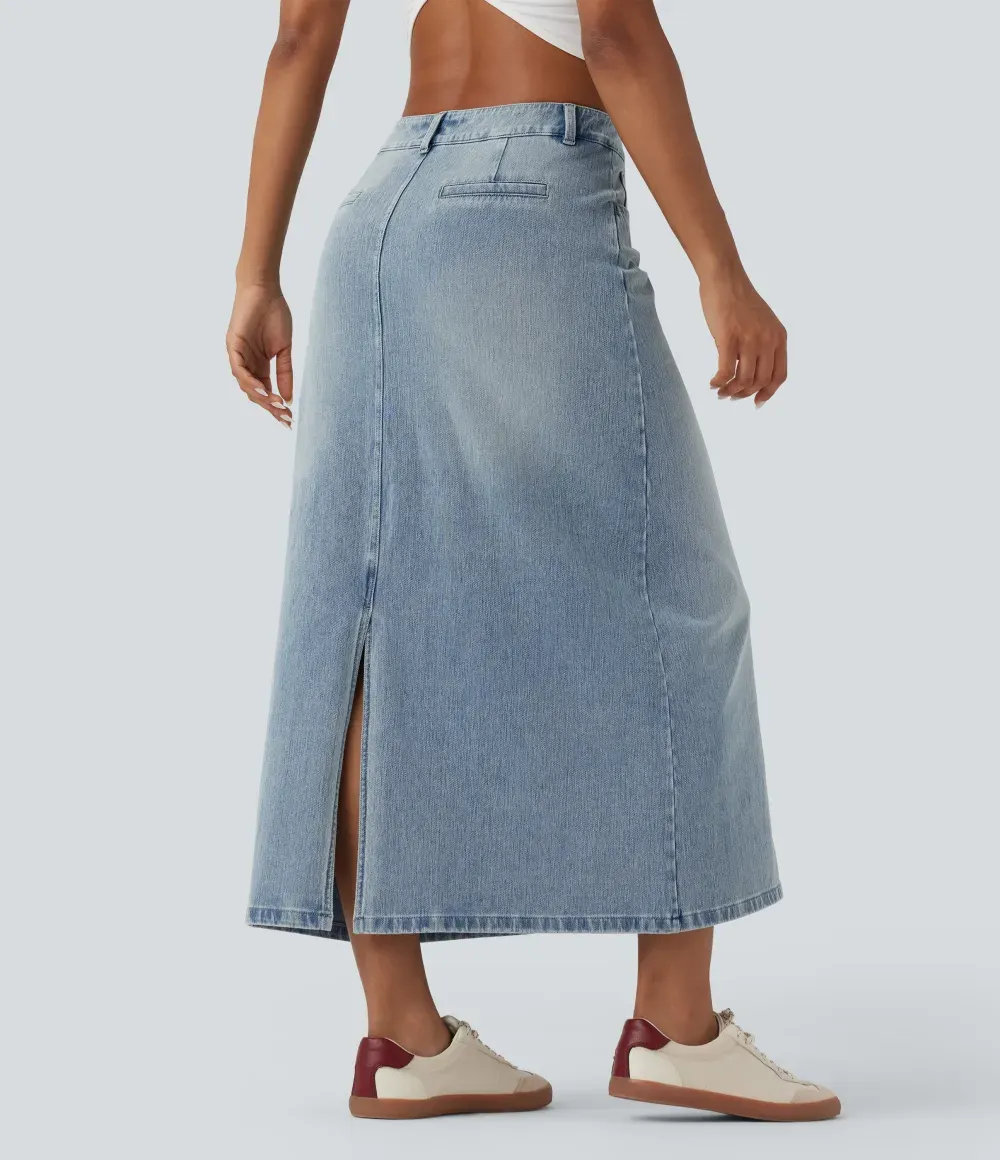 Halara FlexTM Mid Rise Contrast Leopard Mesh Midi Denim Casual A-line Skirt with Pockets