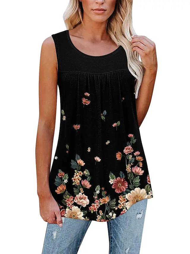 Women's Tank Top Black White Pink Floral Print Sleeveless Casual Holiday Basic Round Neck Regular Floral S