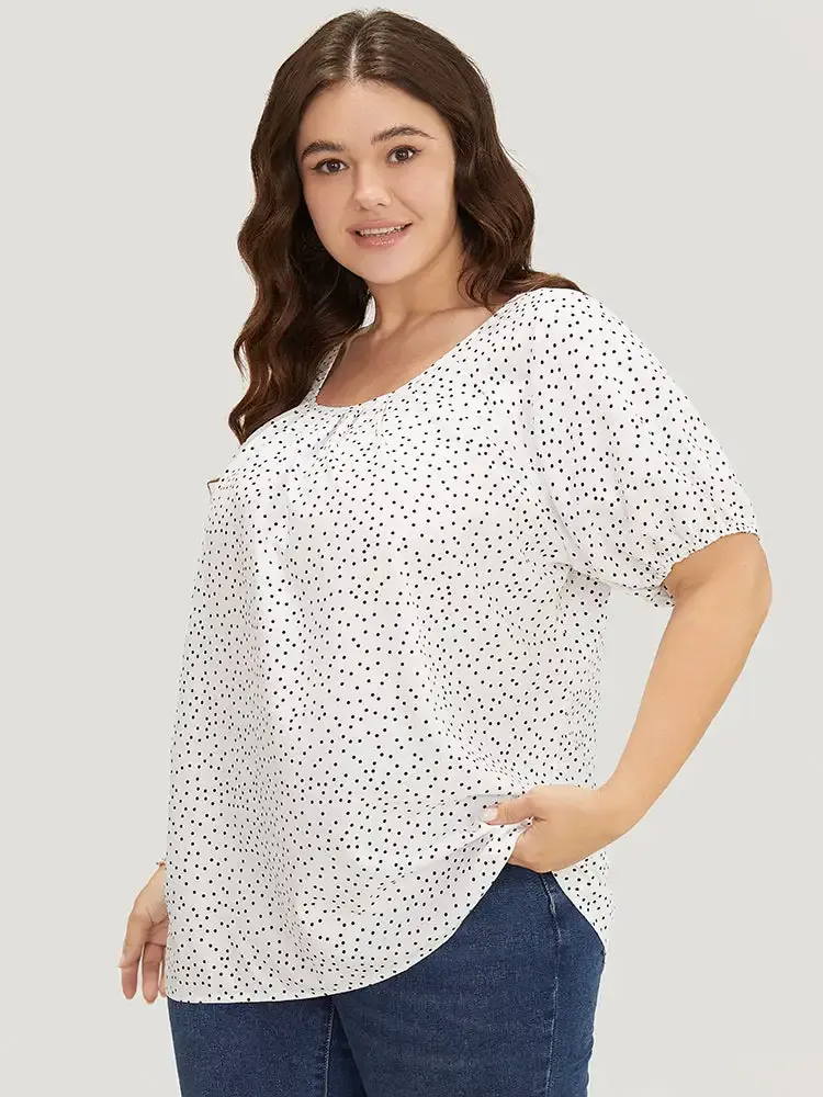 Polka Dot Pleated Round Neck Puff Sleeve Blouse
