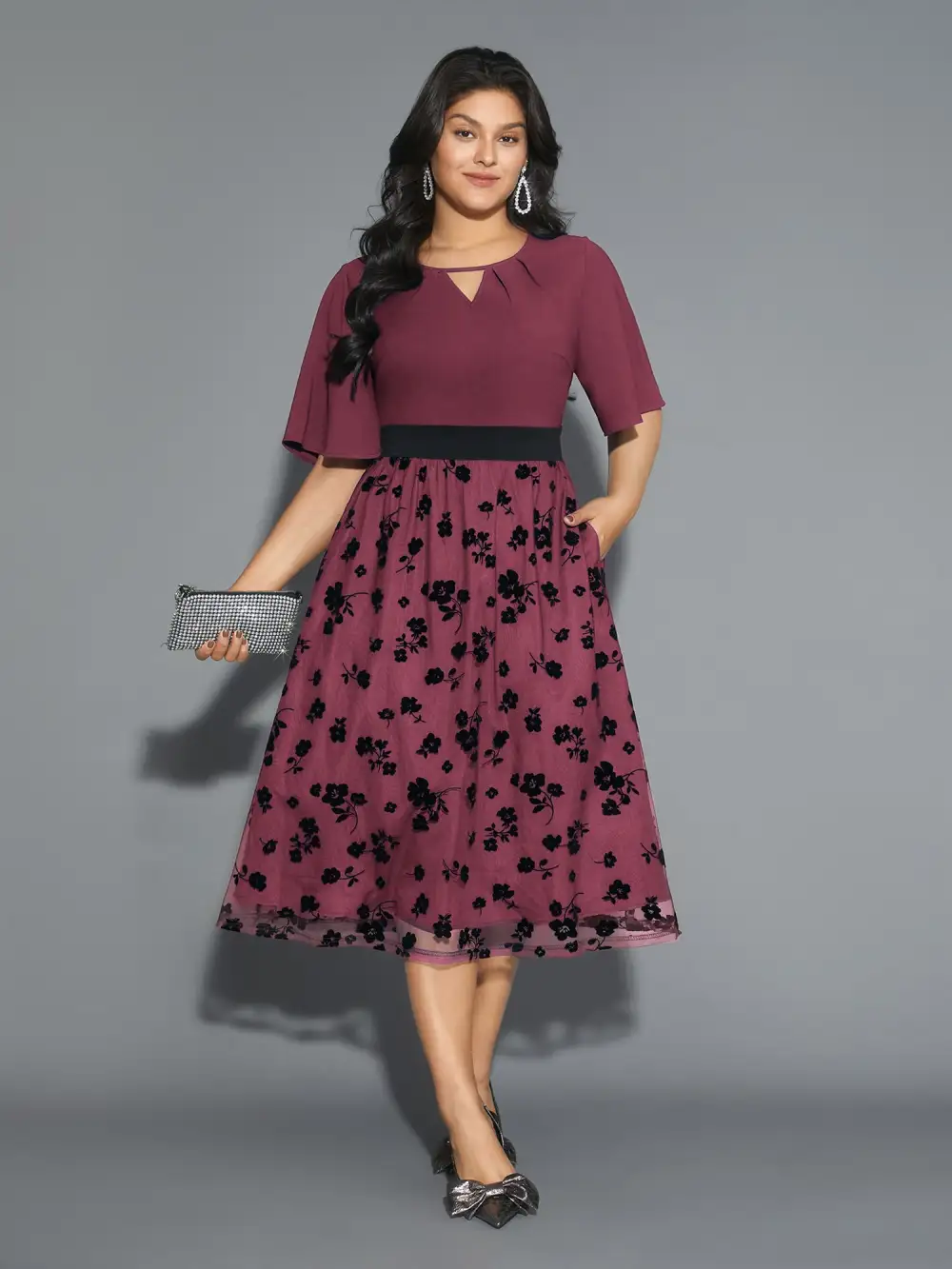 Floral Embroidered Mesh keyhole Dress