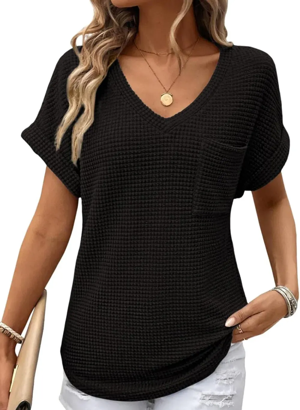 ✨Women's Oversized Waffle V Neck Short Sleeve Casual Top