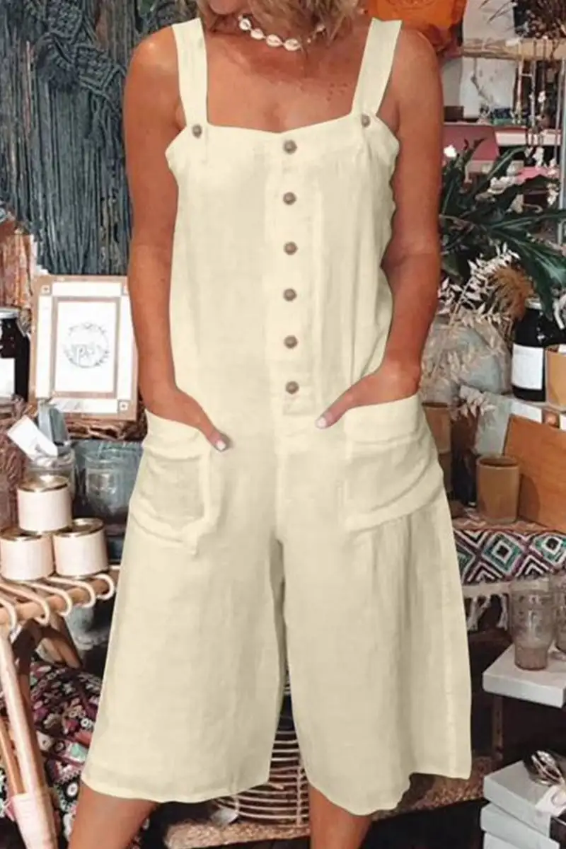 Casual Daily Solid Pocket Buttons Square Collar Loose Jumpsuits