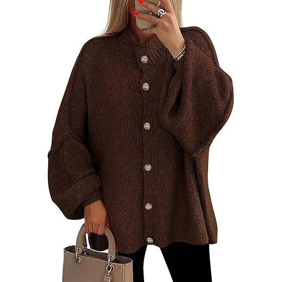 Women's Winter Button Down Cardigan Sweaters Mock Neck Lantern Long Sleeve Chunky Knit Jacket Trendy Outerwear