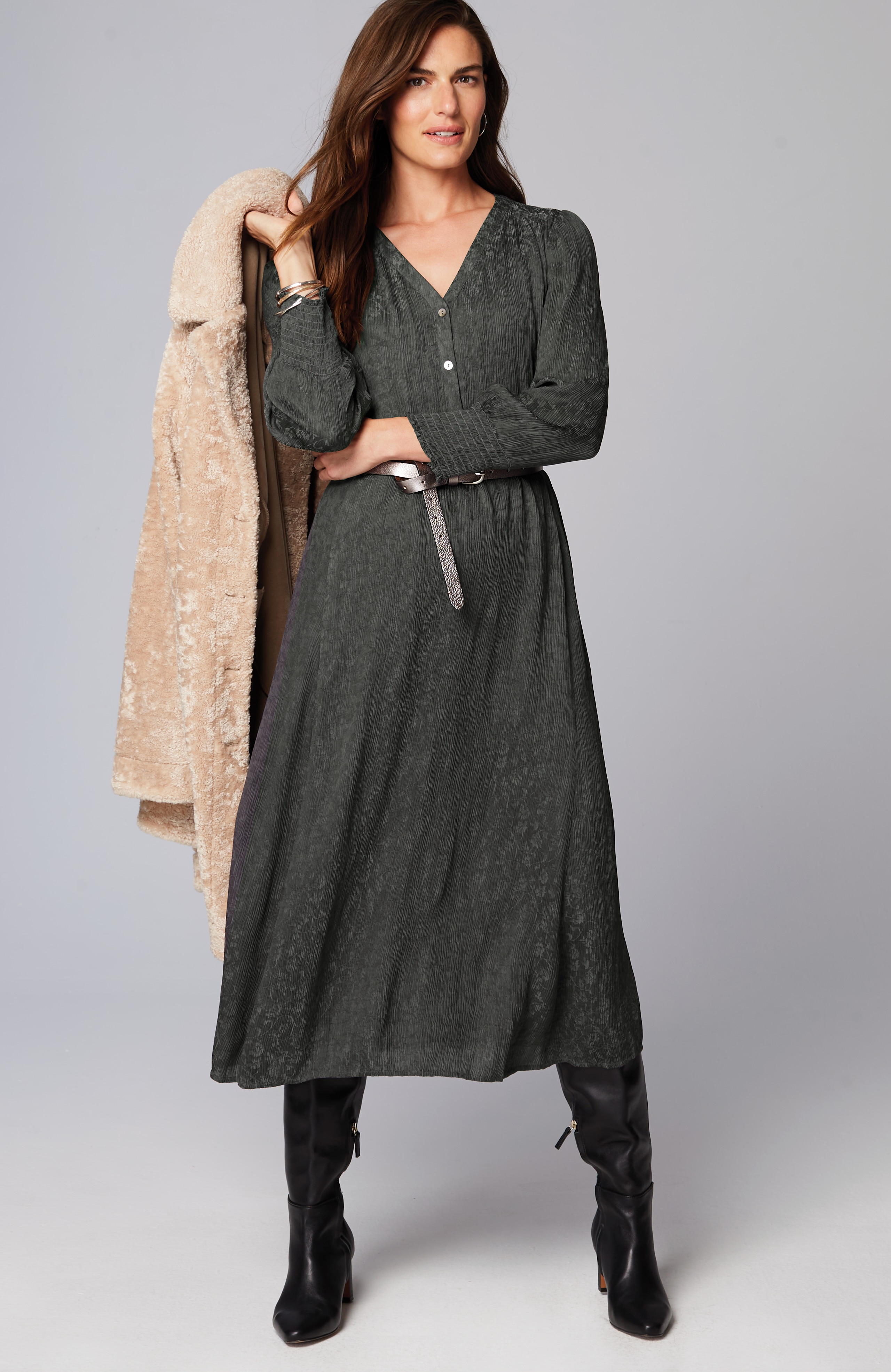 Crinkle-Textured Smocked-Sleeve Dress