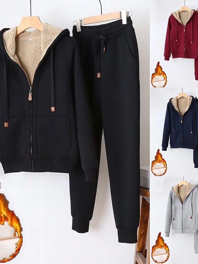 Women's Sweatshirt Tracksuit Pants Sets Black Red Blue Solid Color Zipper Drawstring Long Sleeve Sport Vacation Streetwear Sherpa Fleece Teddy Hooded Regular Fit Fall & Winter
