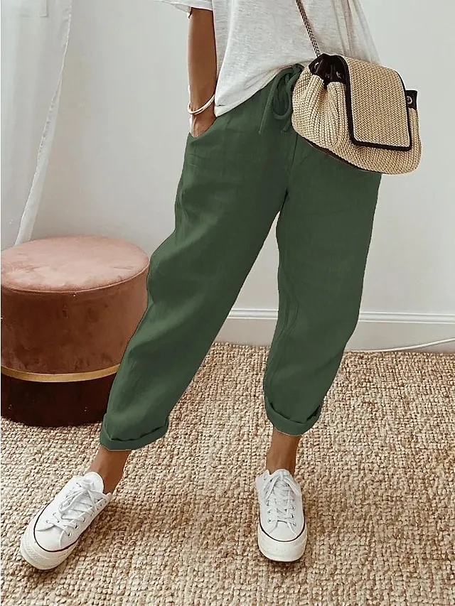 Women's Linen Pants Pants Trousers Baggy Cotton Plain Maillard Side Pockets Baggy Full Length Fashion Casual Daily Black White S M