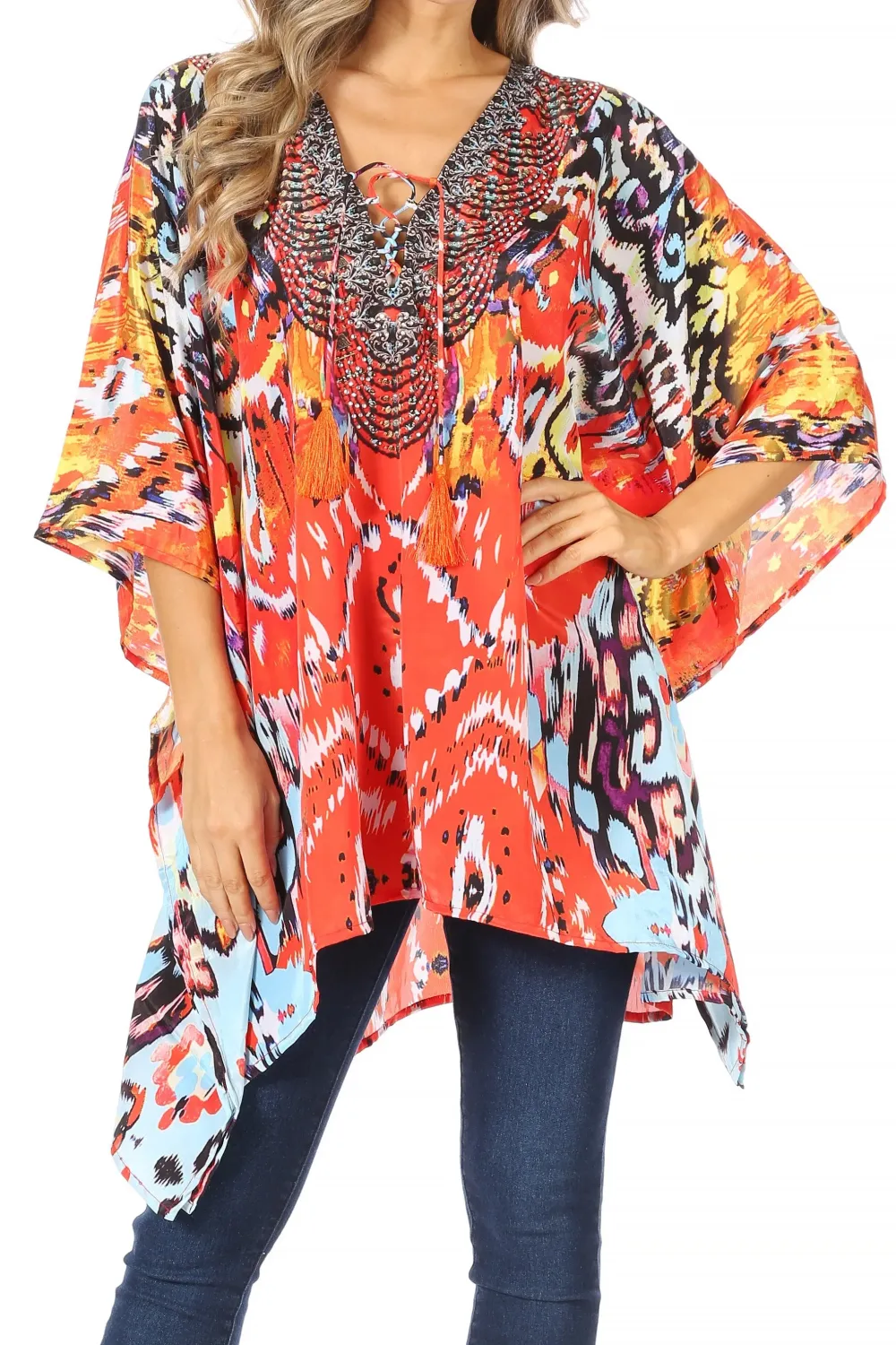 Women's Caftan Poncho Cover up V neck Top Lace up With Rhinestone