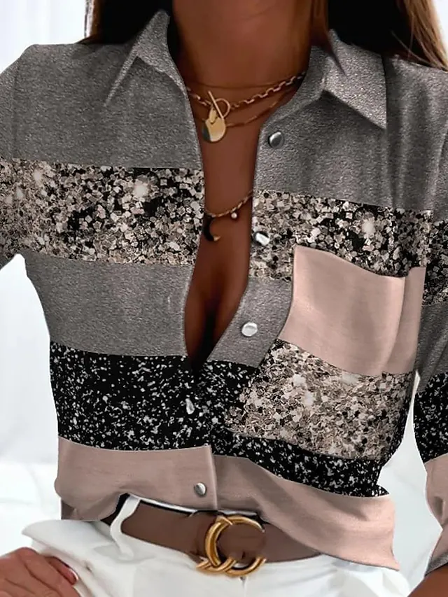 Women's Shirt Blouse Color Block Button Print Casual Basic Long Sleeve Shirt Collar Black Spring Fall