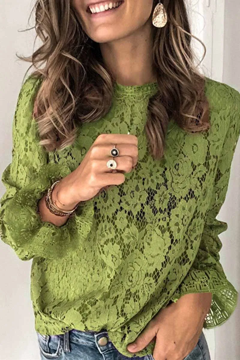 Florcoo Long Sleeve Openwork Lace Blouse(5 Colors)