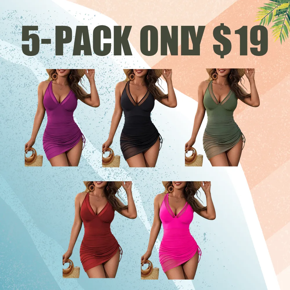 Women's One-Piece Swim Dress with Tummy Control & Sheer Mesh Sarong Wrap