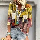 Women's T Shirt Summer Tops Color Gradient Fashion Modern 3/4 Length Sleeve V Neck Regular Tops Daily Print Yellow Pink Blue Summer