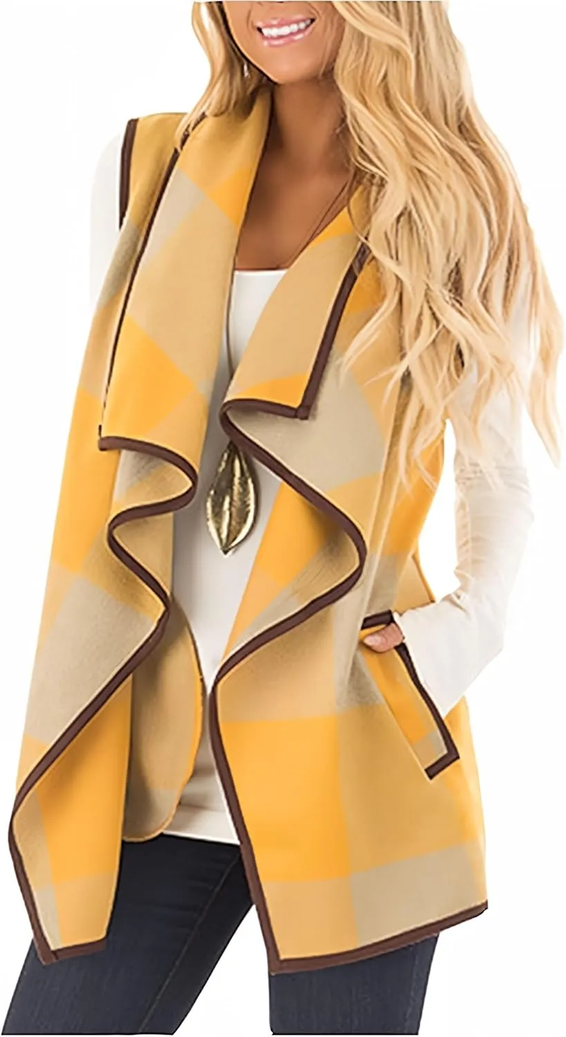 Womens Buffalo Plaid Vest Casual Lapel Open Front Sleeveless Cardigan Jacket Coat with Pockets