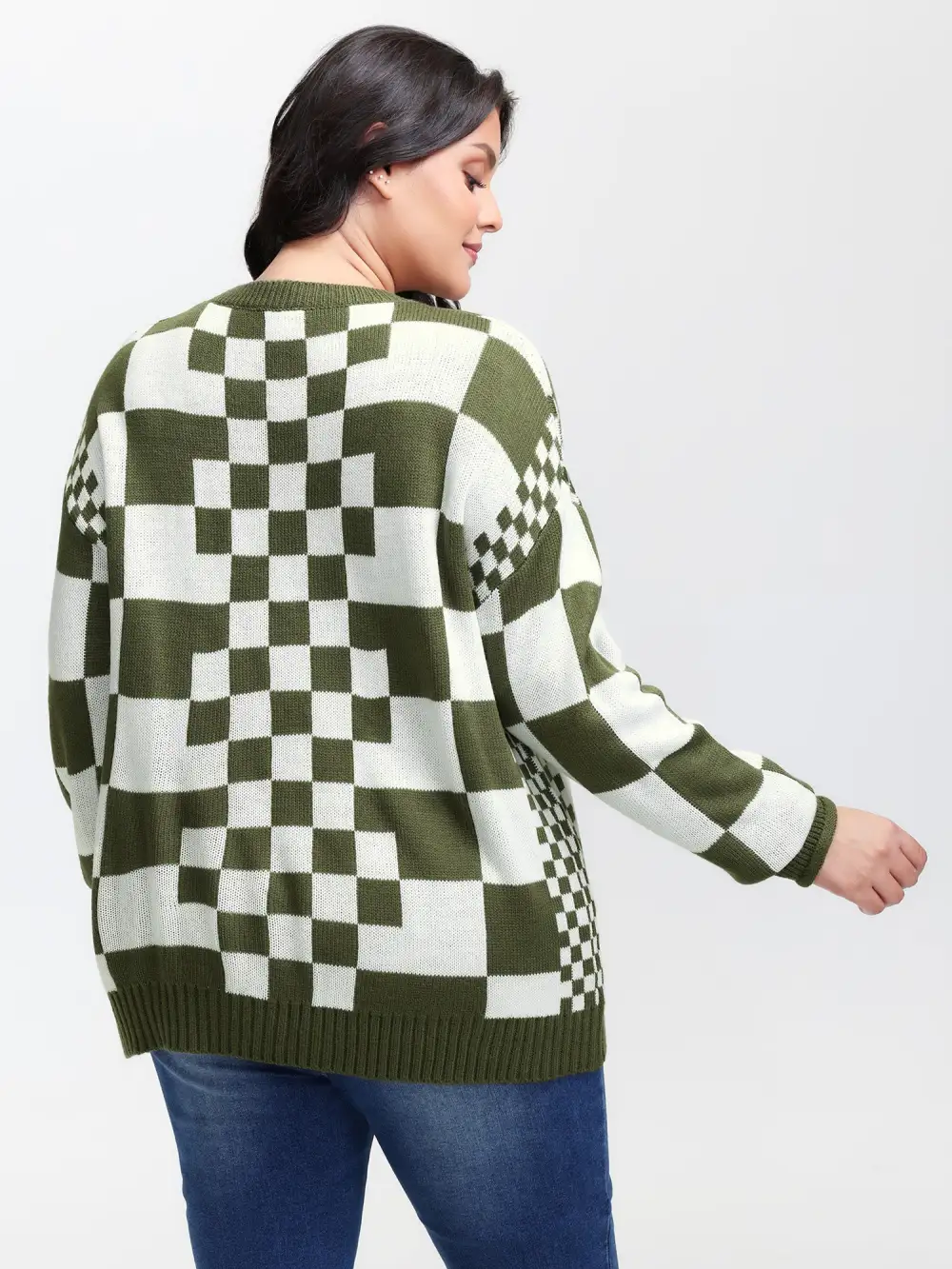 Colorblock Checkered Print Pullover