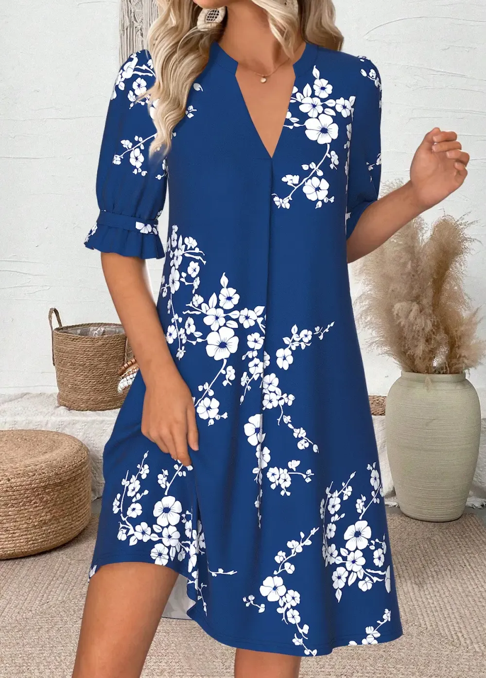 Navy Floral Print Short Half Sleeve Split Neck Dress
