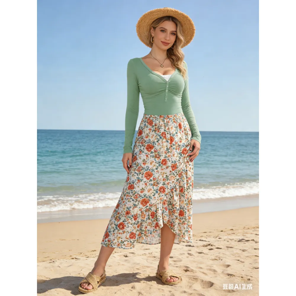 Women's Contrast Lace Button V Neck Tee