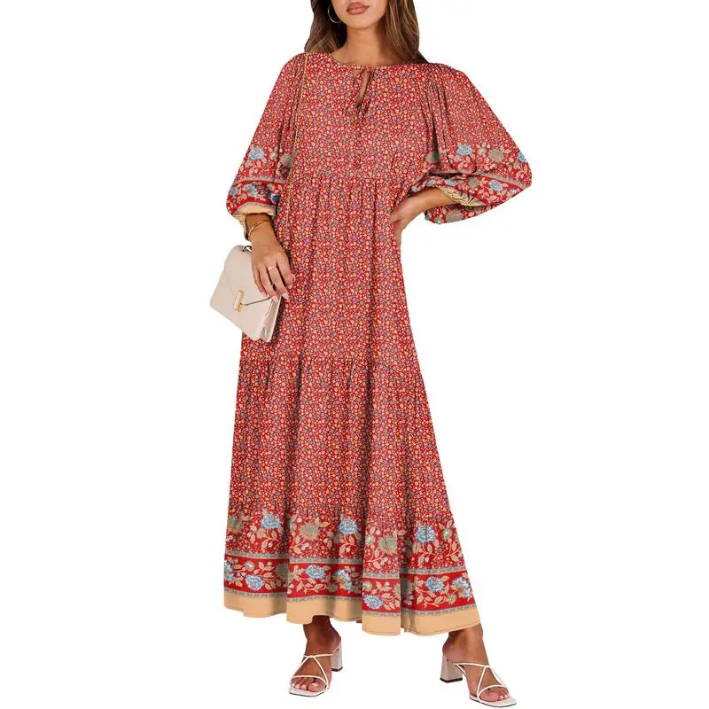 Boho Summer Maxi Dress for Women – Floral Puff Sleeve Vacation Sundress